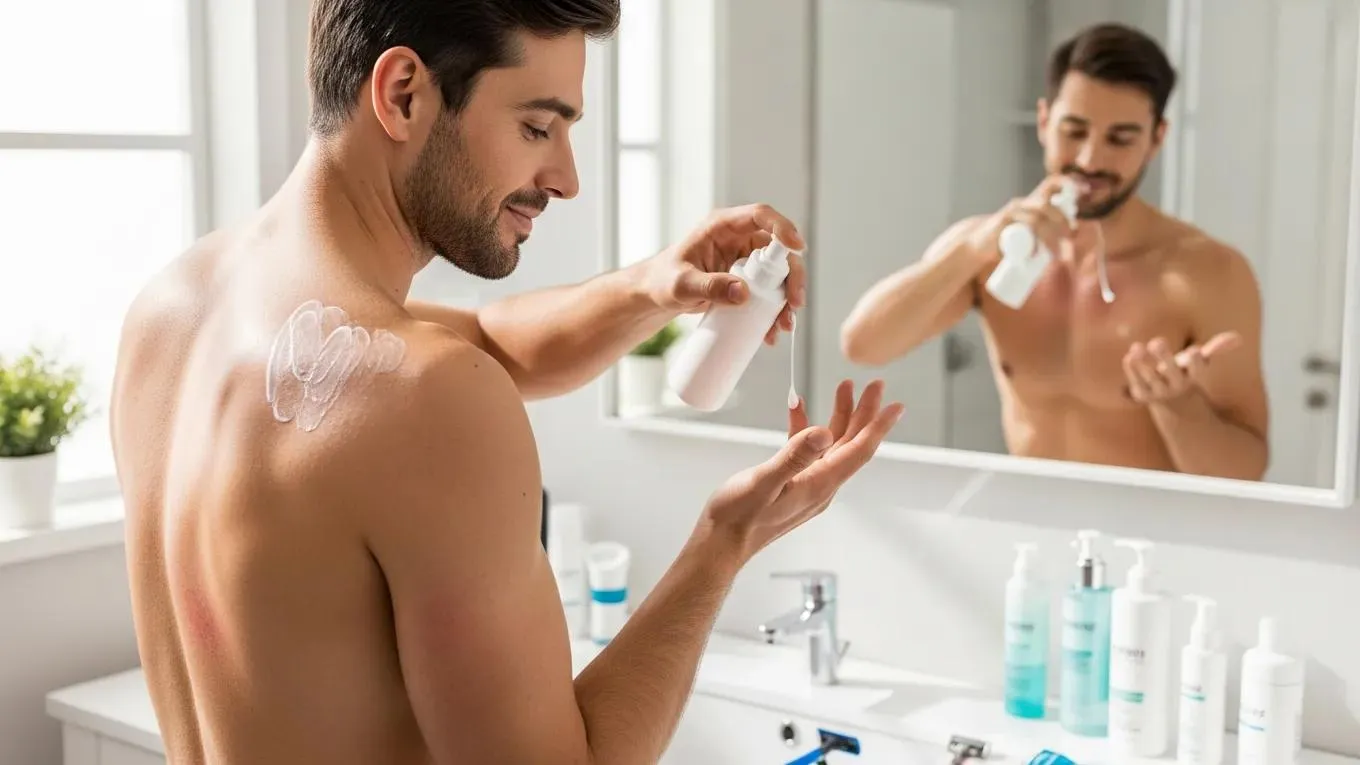 Man applying moisturizer after back waxing for skin maintenance